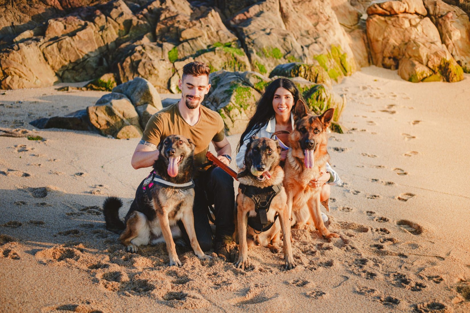 A família Dragon Pet Club com três cães na praia